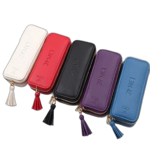 collection, five, different, colored, wallets, neatly, arranged, white transparent PNG cut-out
