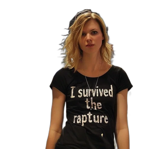 young, blonde, woman, wearing, black, t-shirt, text, survived transparent PNG cut-out