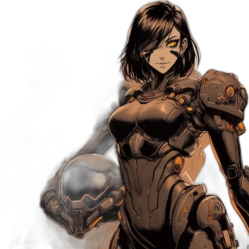 robot, comic book art, concept art, fantasy art, earth tones, armored, femme, fatale transparent PNG cut-out