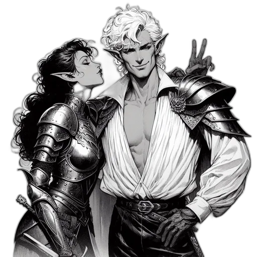 comic book art, fantasy art, concept art, two, characters, man, woman, clad transparent PNG cut-out