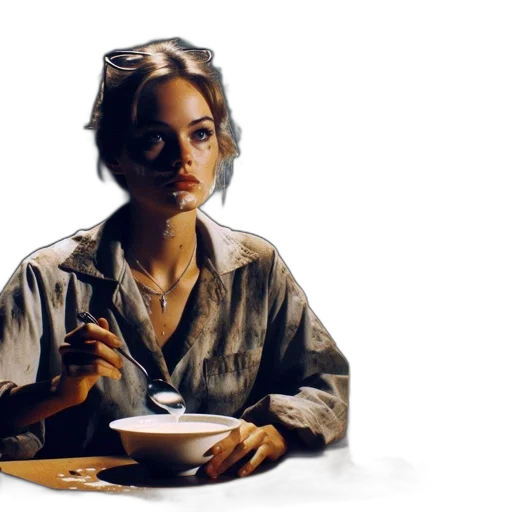 food, jacket, face, jewelry, photorealistic, oil painting, concept art, comic book art transparent PNG cut-out