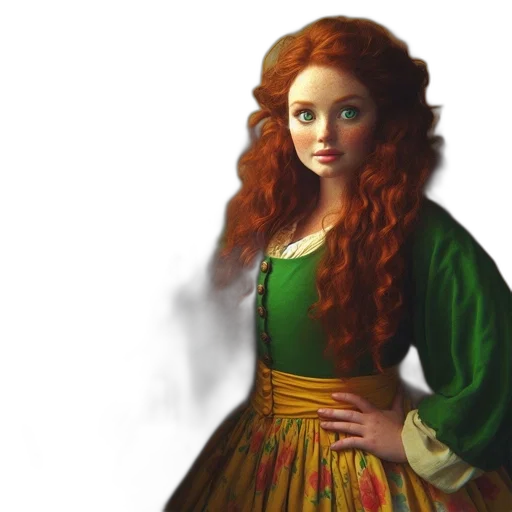 dress, fantasy art, photorealistic, oil painting, 3d render, fire, green, young transparent PNG cut-out