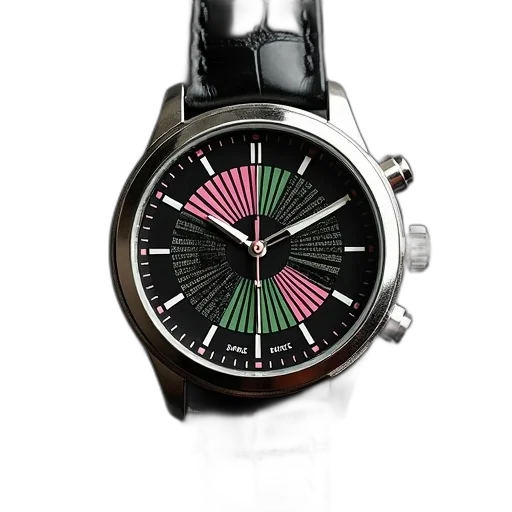 silver, wristwatch, black, leather, strap, dial, featuring, geometric transparent PNG cut-out