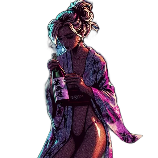 jacket, dress, bottle, staff, cyberpunk, concept art, vaporwave, comic book art transparent PNG cut-out