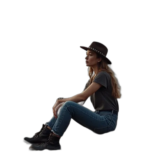 hat, photorealistic, concept art, woman, sitting, dirt, outside, steel transparent PNG cut-out