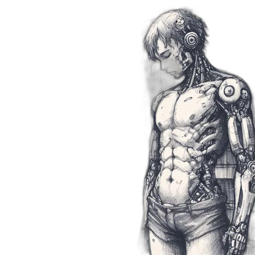 robot, cyberpunk, concept art, comic book art, pencil sketch, solitary, cyborg, figure transparent PNG cut-out