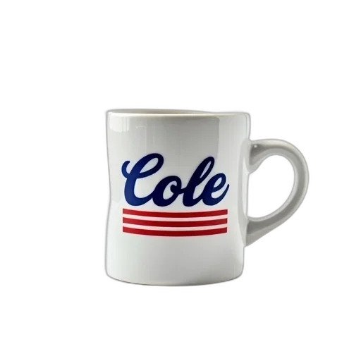 3d render, photorealistic, white, ceramic, mug, name, cole, written transparent PNG cut-out