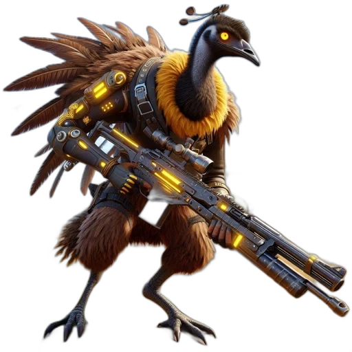 weapon, animal, concept art, pixel art, anthropomorphic, bird-character, wears, techno-organic transparent PNG cut-out