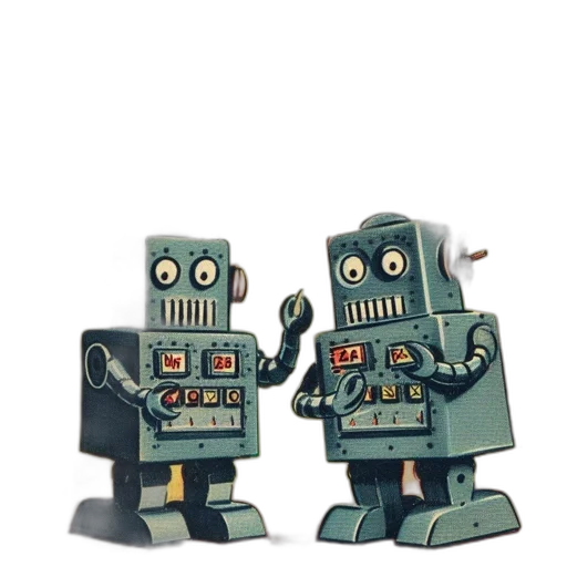 robot, concept art, 3d render, pixel art, outer space, two, vintage-styled, characters transparent PNG cut-out