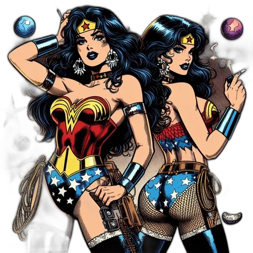 comic book art, concept art, cartoon, two, different, renditions, wonder, woman transparent PNG cut-out