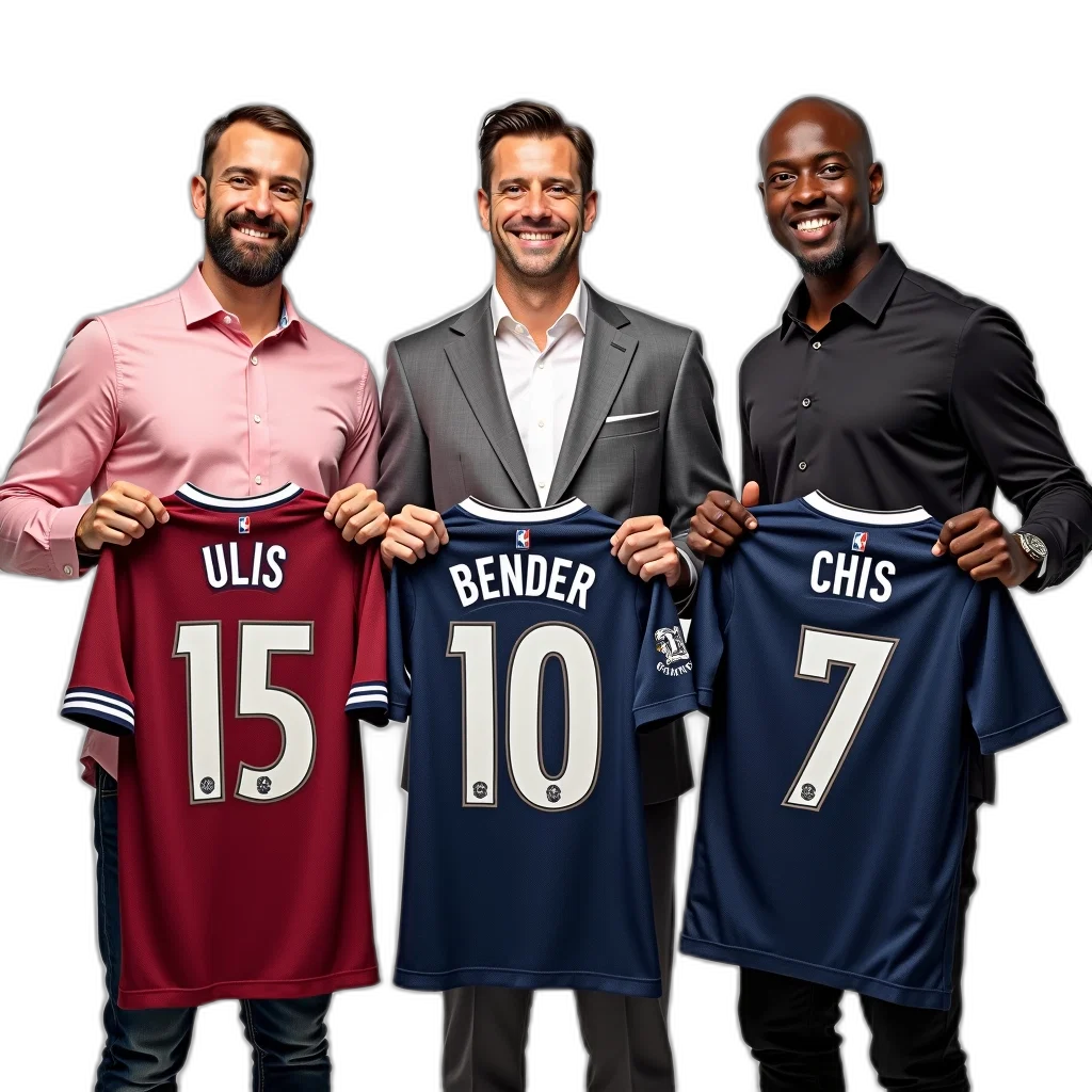 three, men, standing, next, each, other, holding, jersey transparent PNG cut-out