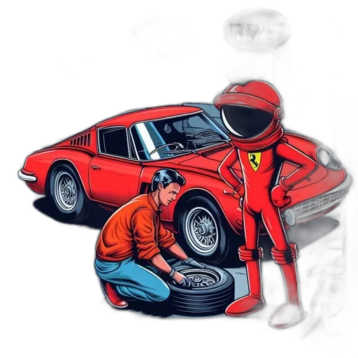 car, jacket, comic book art, concept art, cartoon, fire, red, garage transparent PNG cut-out