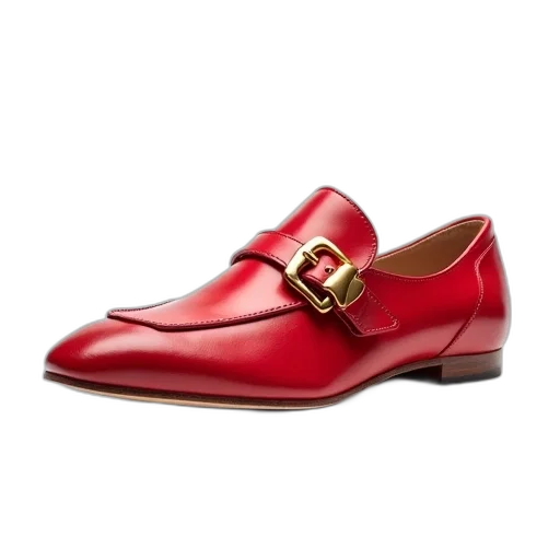 shoes, red, flat, shoe, gold, buckle, logo, side transparent PNG cut-out