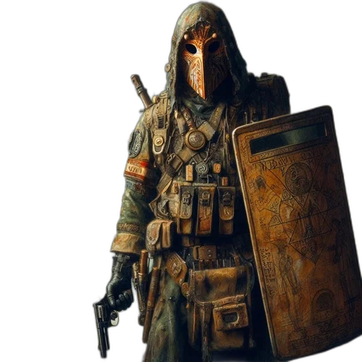 mask, weapon, jacket, sword, concept art, fantasy art, pixel art, comic book art transparent PNG cut-out