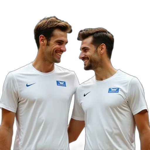 two, male, tennis, players, standing, close, together, smiling transparent PNG cut-out