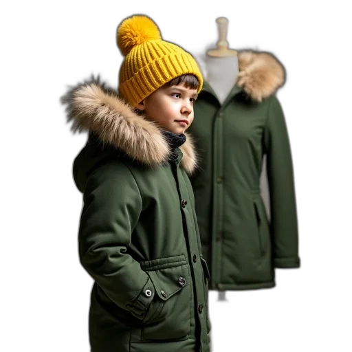 jacket, green, earth tones, child, wearing, winter, coat, fur-lined transparent PNG cut-out