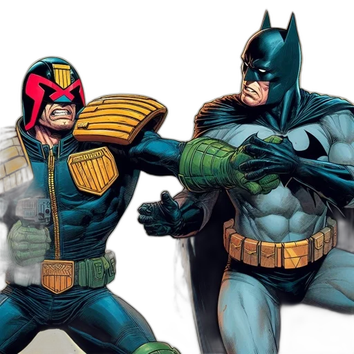 comic book art, concept art, iconic, characters, judge, dredd, batman, engage transparent PNG cut-out