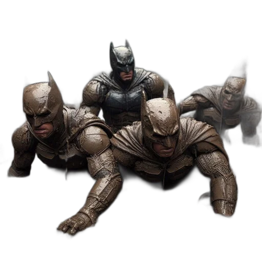 concept art, comic book art, 3d render, fantasy art, four, individuals, dressed, batman transparent PNG cut-out