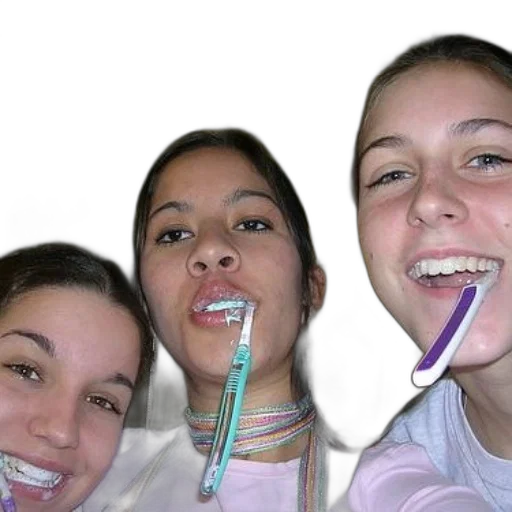 staff, photorealistic, three, girls, pose, selfie, toothbrushes, their transparent PNG cut-out