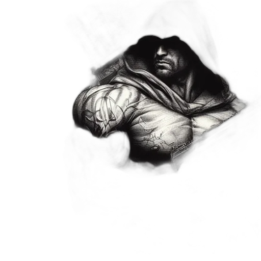 mask, face, jacket, sword, comic book art, concept art, fantasy art, pencil sketch transparent PNG cut-out