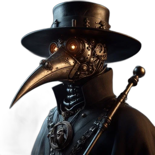 mask, hat, staff, face, concept art, fantasy art, 3d render, photorealistic transparent PNG cut-out