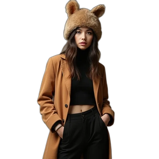 hat, jacket, staff, earth tones, woman, camel, black, pants transparent PNG cut-out
