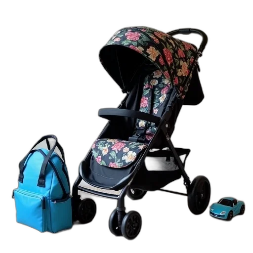 floral-patterned, stroller, placed, carpeted, floor, blue, backpack, beside transparent PNG cut-out