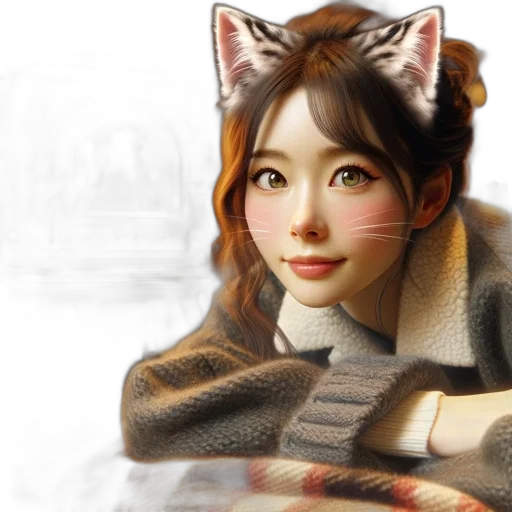 photorealistic, oil painting, fantasy art, 3d render, anthropomorphic, feline, woman, lounges transparent PNG cut-out