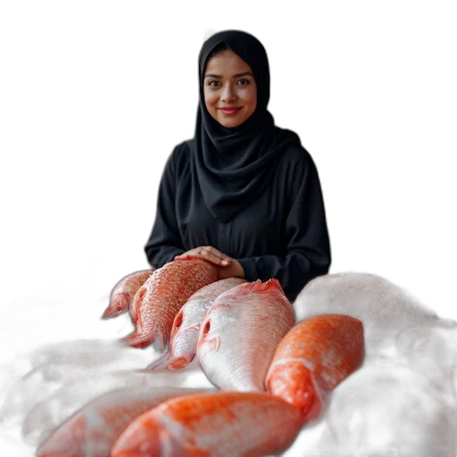 food, photorealistic, woman, hijab, standing, behind, table, filled transparent PNG cut-out