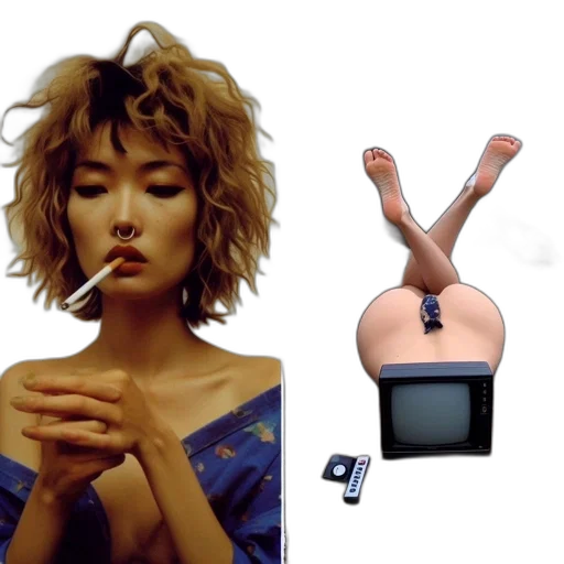 hair, furniture, robot, dress, vaporwave, concept art, photorealistic, 3d render transparent PNG cut-out