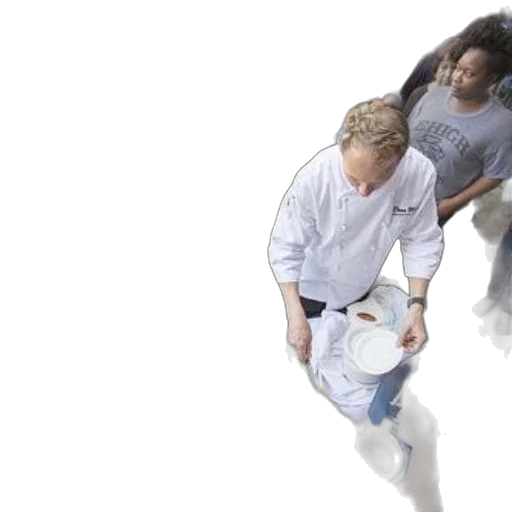 staff, chef, white, coat, cutting, into, large, cake transparent PNG cut-out