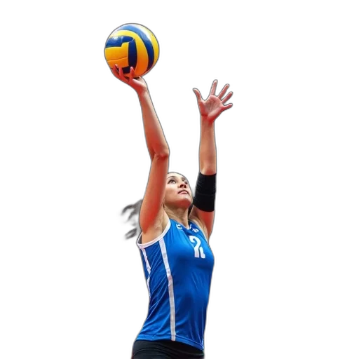 female, volleyball, player, blue, white, uniform, reaching, hit transparent PNG cut-out