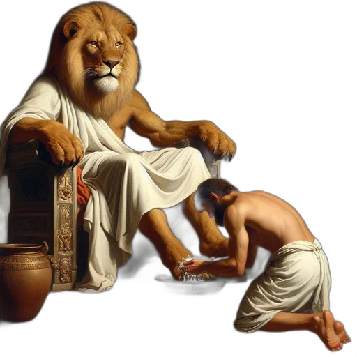 photorealistic, oil painting, fire, forest, majestic, lion, sits, throne transparent PNG cut-out