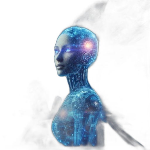 robot, concept art, 3d render, cyberpunk, fantasy art, outer space, blue, futuristic transparent PNG cut-out