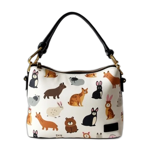 white, shoulder, bag, cartoon, animal, print, design, displayed transparent PNG cut-out