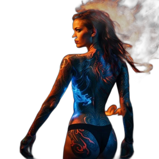 dress, comic book art, concept art, photorealistic, cyberpunk, neon lights, blue, tattooed transparent PNG cut-out