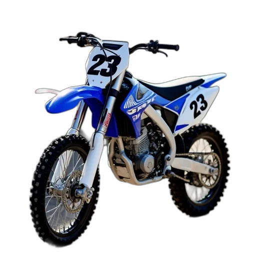 3d render, blue, white, dirt, bike, number, front, parked transparent PNG cut-out