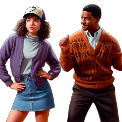 jacket, concept art, comic book art, photorealistic, pixel art, two, people, sit transparent PNG cut-out