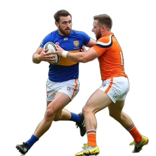 two, male, rugby, players, engaged, physical, contest, field transparent PNG cut-out