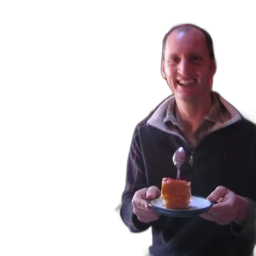 food, man, black, sweater, holds, plate, piece, cake transparent PNG cut-out