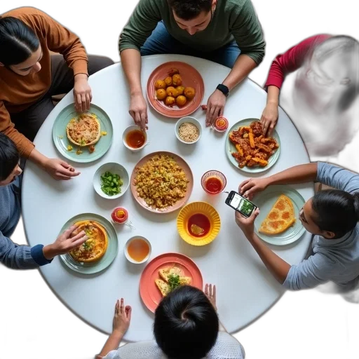 food, group, people, gathered, around, round, table, white transparent PNG cut-out