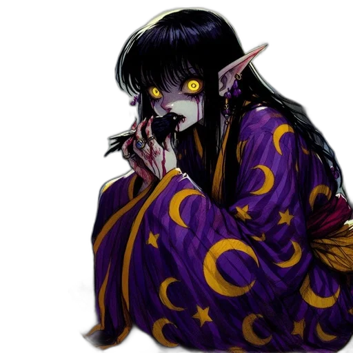 fantasy art, concept art, pixel art, anime, dark, elf-like, female, character transparent PNG cut-out