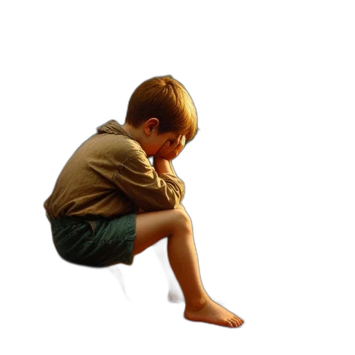 shoes, creature, staff, 3d render, photorealistic, child, sits, solitary transparent PNG cut-out