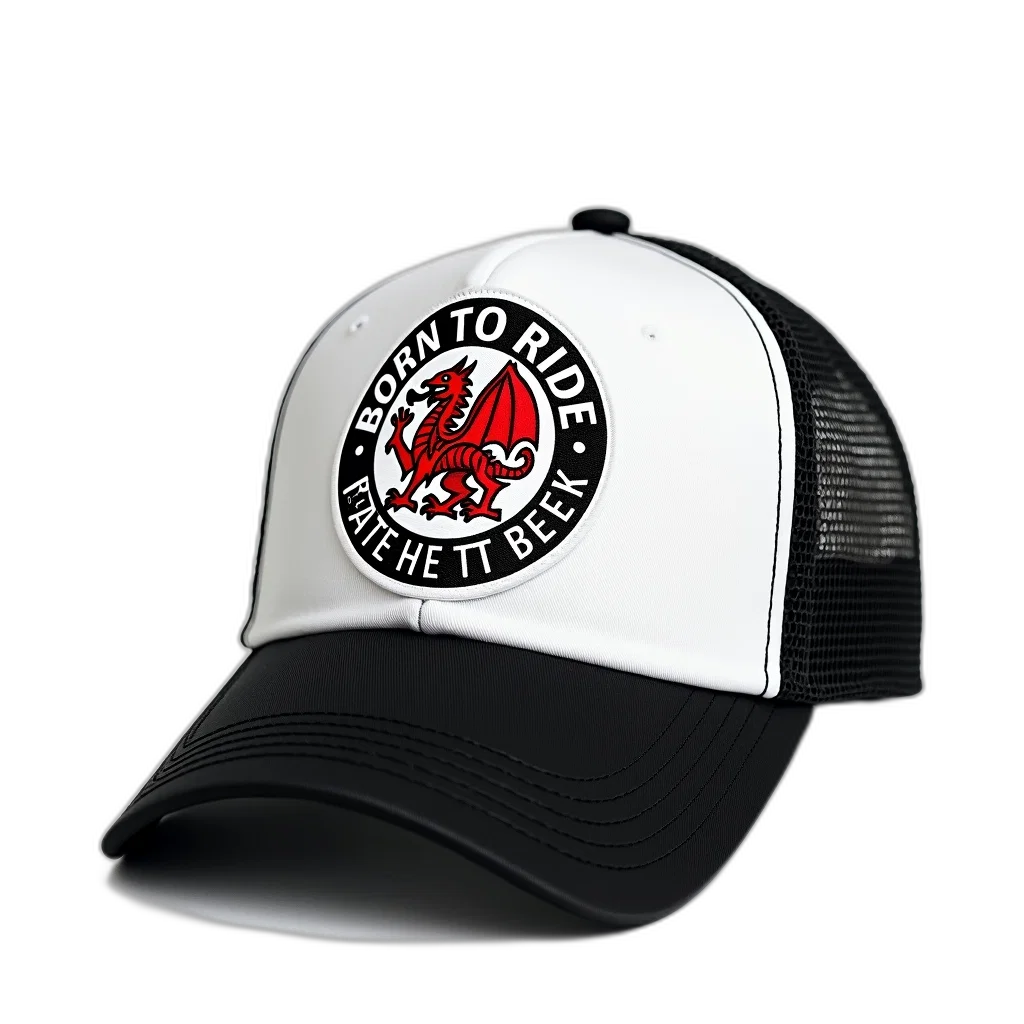 hat, 3d render, white, black, baseball, cap, circular, emblem transparent PNG cut-out