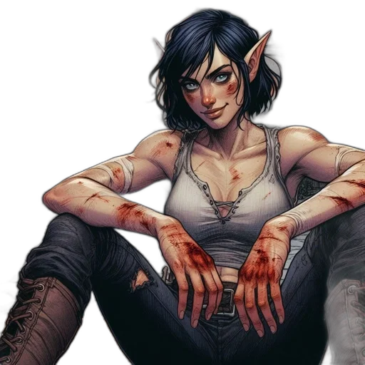 fantasy art, comic book art, concept art, watercolor, injured, elven, woman, distinctive transparent PNG cut-out