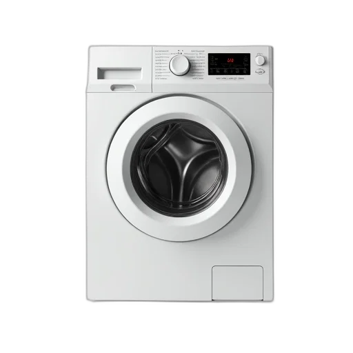 robot, photorealistic, 3d render, monochrome, white, front-loading, washing, machine transparent PNG cut-out
