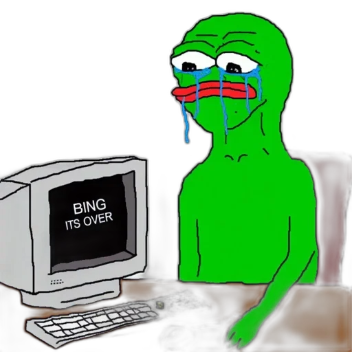 robot, neon lights, green, pepe, frog, sits, desk, weeping transparent PNG cut-out