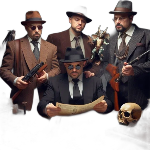 staff, concept art, comic book art, fantasy art, 3d render, four, men, vintage transparent PNG cut-out