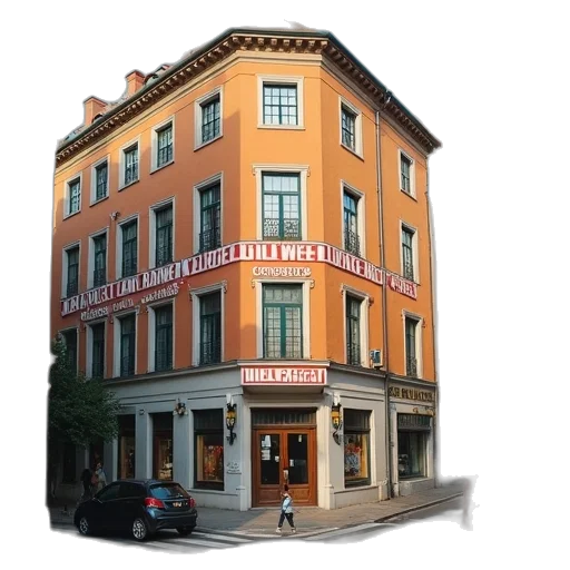 building, 3d render, photorealistic, concept art, city street, word, titled, hill transparent PNG cut-out