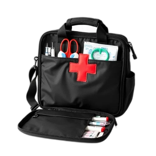 black, medical, bag, red, cross, emblem, front, displayed transparent PNG cut-out